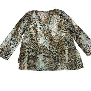 Additions but Chico’s Leopard Shirt, semi sheer top, V-neck, size 3, large